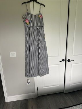 Badgley Mischka Black and White Striped Midi Dress with Floral Embroidery